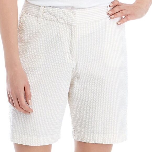 Crown & Ivy Women's Caroline Belted Pinstripes Shorts Tan & White Size 6 - Picture 2 of 5
